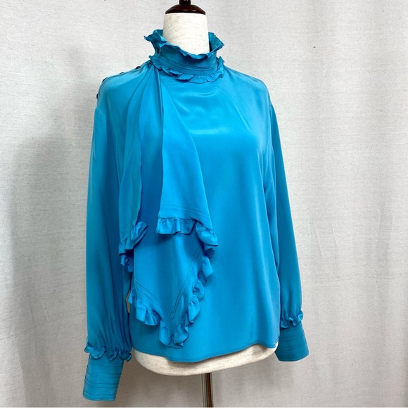 Chloe Vintage Teal Blue Mock Neck Ruffle Blouse - Picture 2 of 10